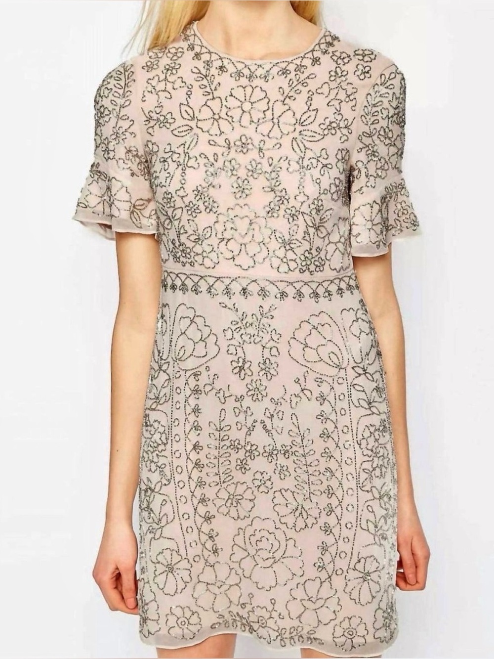 Needle & Thread Beaded Blush Embellished Flutter Sleeve Mini Dress Size 10